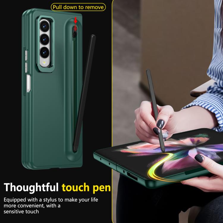 For Samsung Galaxy Z Fold3 5G Integrated Skin Feel Lens Folding Holder Pen Slot Shockproof Phone Case with Pen