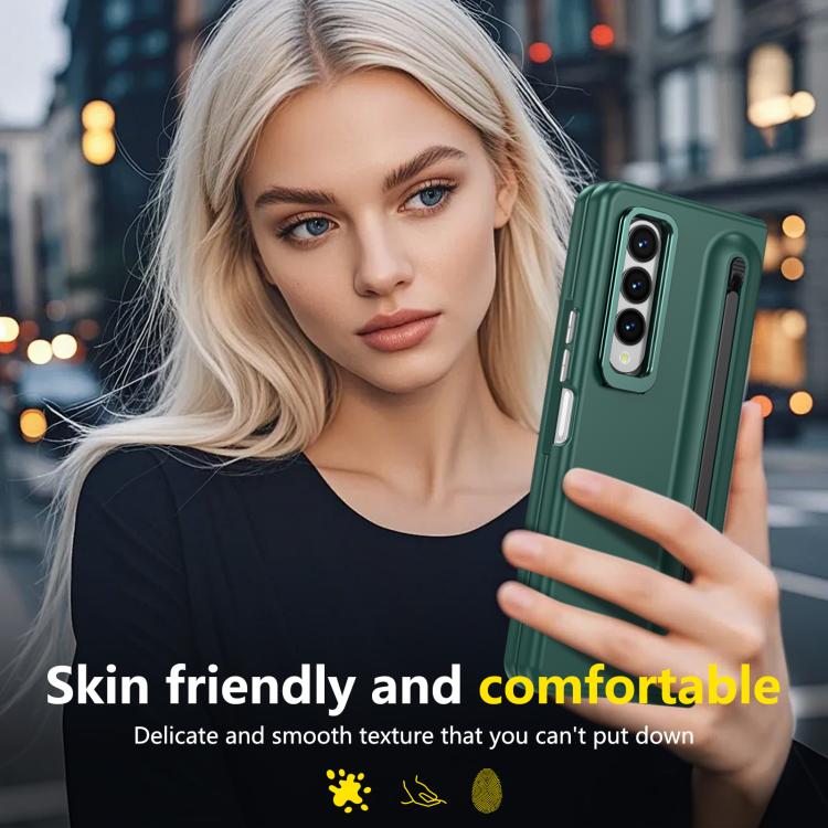 For Samsung Galaxy Z Fold3 5G Integrated Skin Feel Lens Folding Holder Pen Slot Shockproof Phone Case with Pen