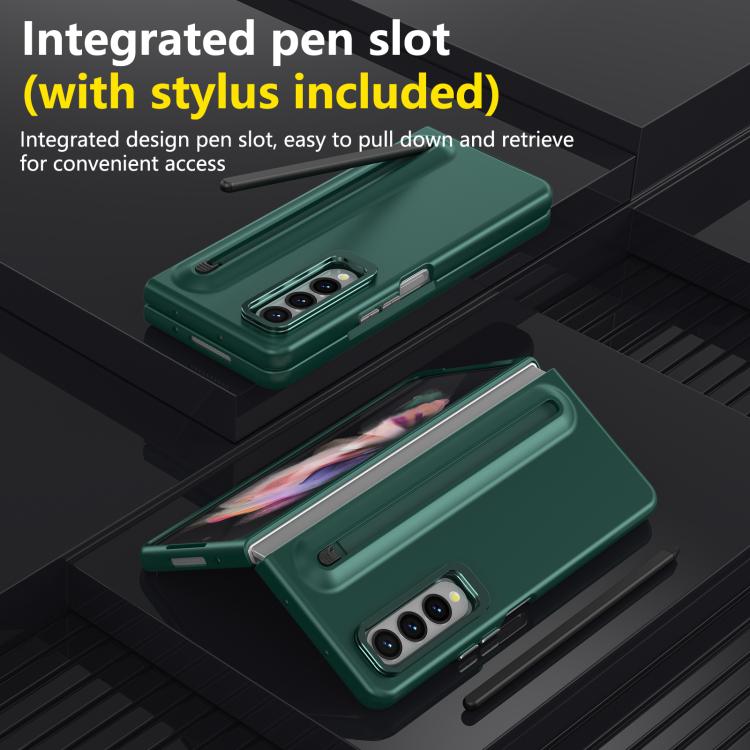For Samsung Galaxy Z Fold3 5G Integrated Skin Feel Lens Folding Holder Pen Slot Shockproof Phone Case with Pen