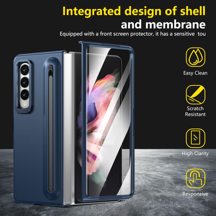 For Samsung Galaxy Z Fold3 5G Integrated Skin Feel Lens Folding Holder Pen Slot Shockproof Phone Case with Pen