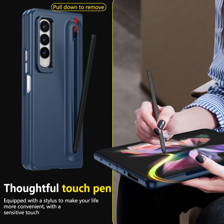 For Samsung Galaxy Z Fold3 5G Integrated Skin Feel Lens Folding Holder Pen Slot Shockproof Phone Case with Pen