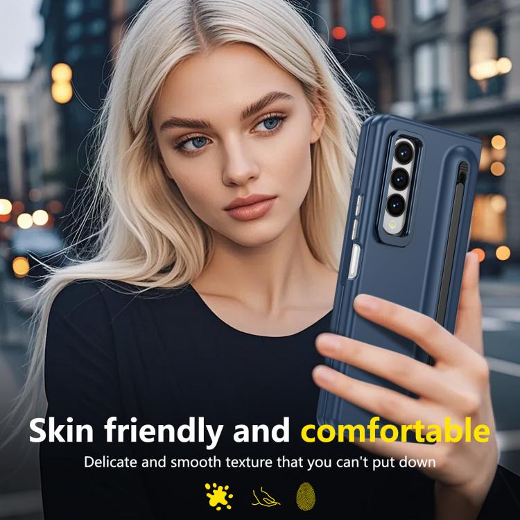 For Samsung Galaxy Z Fold3 5G Integrated Skin Feel Lens Folding Holder Pen Slot Shockproof Phone Case with Pen