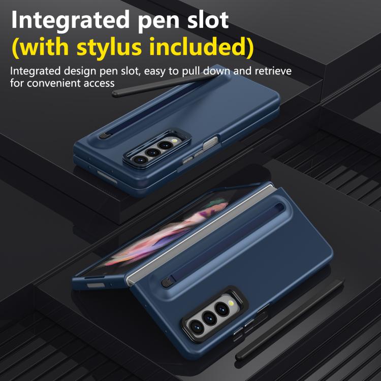 For Samsung Galaxy Z Fold3 5G Integrated Skin Feel Lens Folding Holder Pen Slot Shockproof Phone Case with Pen