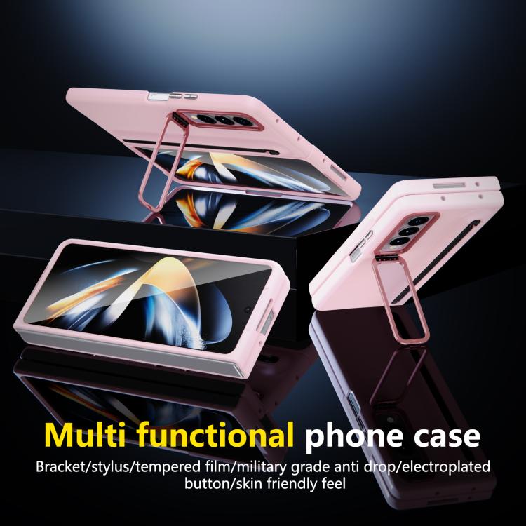 For Samsung Galaxy Z Fold4 5G Integrated Skin Feel Lens Folding Holder Pen Slot Shockproof Phone Case with Pen