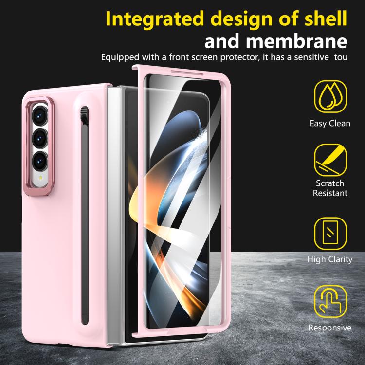 For Samsung Galaxy Z Fold4 5G Integrated Skin Feel Lens Folding Holder Pen Slot Shockproof Phone Case with Pen