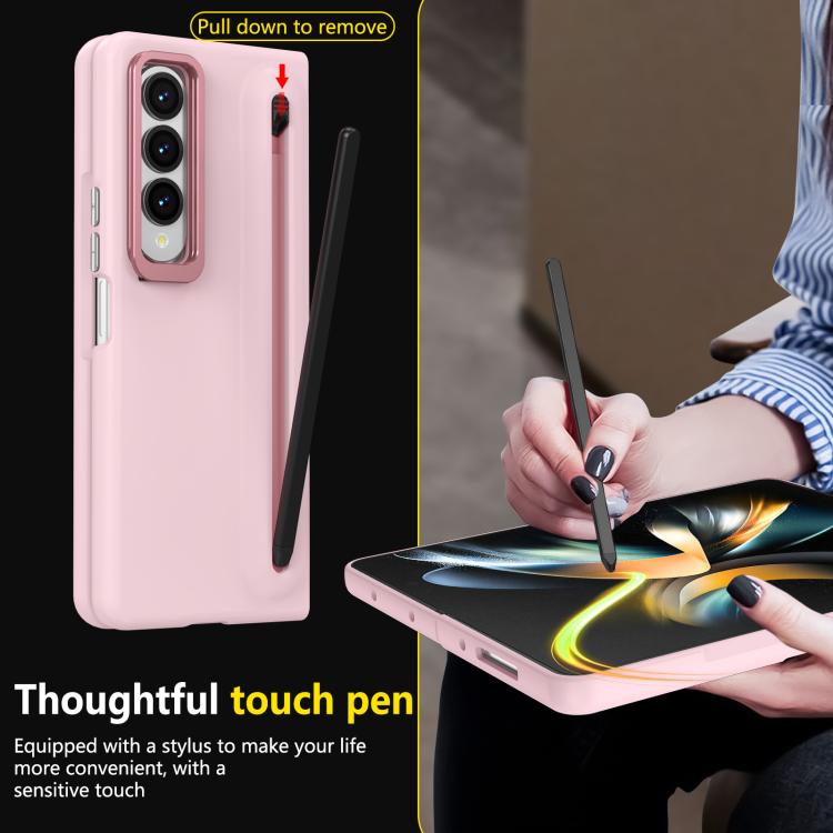 For Samsung Galaxy Z Fold4 5G Integrated Skin Feel Lens Folding Holder Pen Slot Shockproof Phone Case with Pen