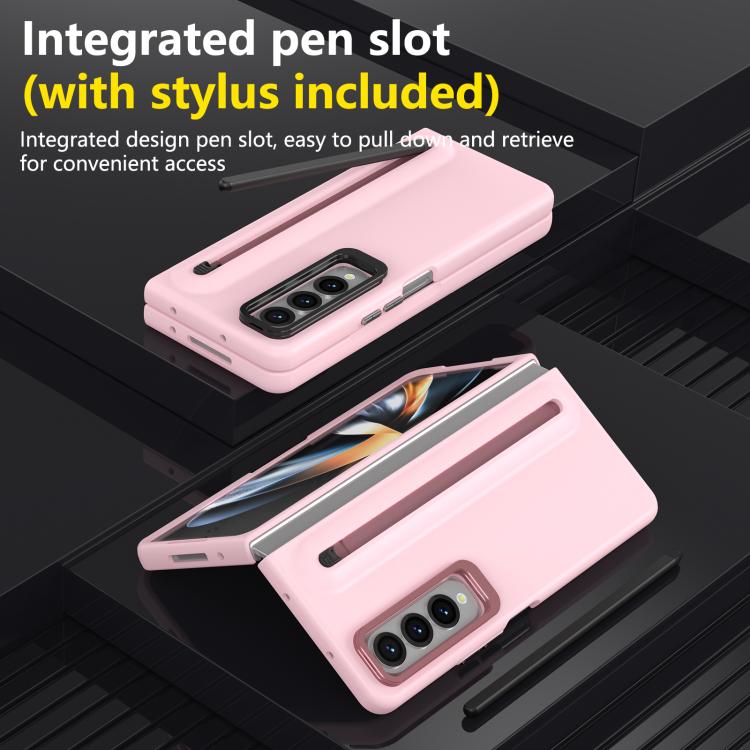 For Samsung Galaxy Z Fold4 5G Integrated Skin Feel Lens Folding Holder Pen Slot Shockproof Phone Case with Pen