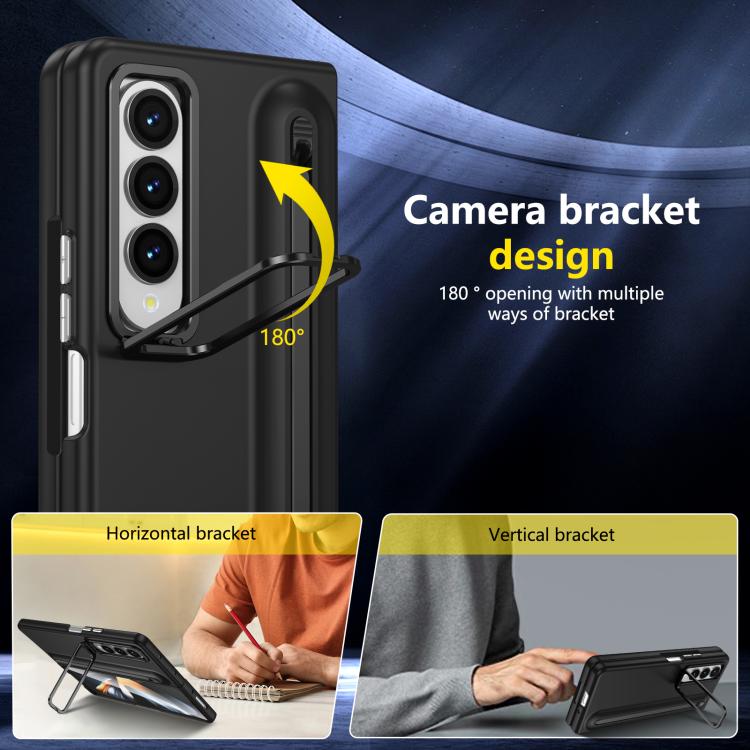 For Samsung Galaxy Z Fold4 5G Integrated Skin Feel Lens Folding Holder Pen Slot Shockproof Phone Case with Pen