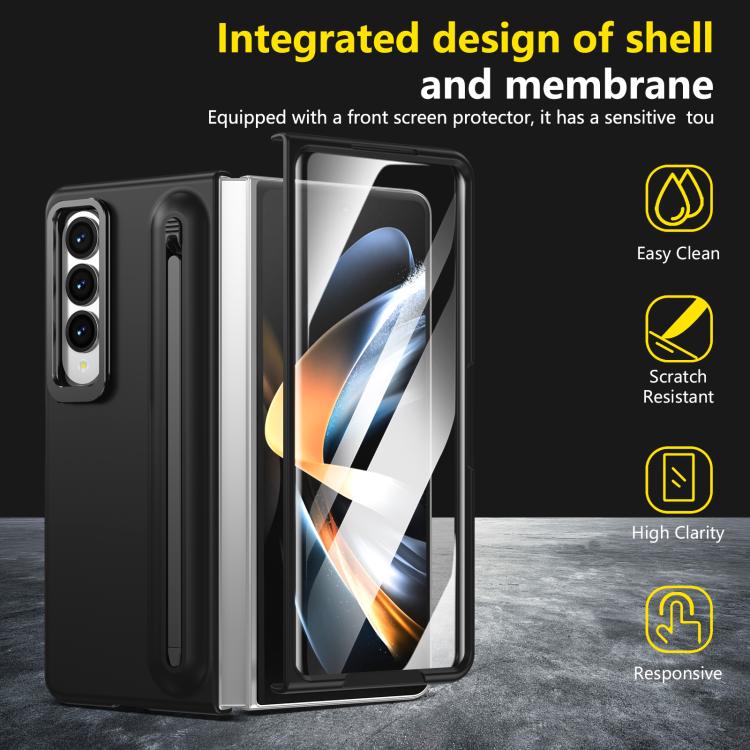 For Samsung Galaxy Z Fold4 5G Integrated Skin Feel Lens Folding Holder Pen Slot Shockproof Phone Case with Pen
