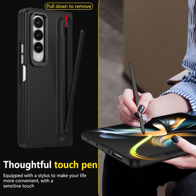 For Samsung Galaxy Z Fold4 5G Integrated Skin Feel Lens Folding Holder Pen Slot Shockproof Phone Case with Pen