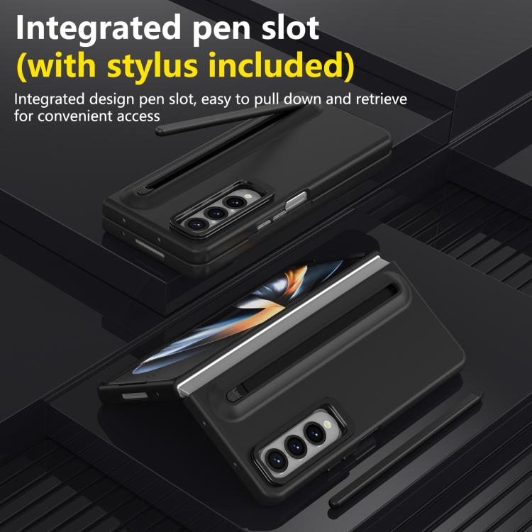For Samsung Galaxy Z Fold4 5G Integrated Skin Feel Lens Folding Holder Pen Slot Shockproof Phone Case with Pen