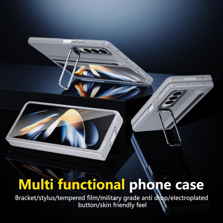 For Samsung Galaxy Z Fold4 5G Integrated Skin Feel Lens Folding Holder Pen Slot Shockproof Phone Case with Pen