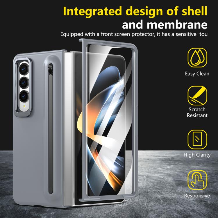 For Samsung Galaxy Z Fold4 5G Integrated Skin Feel Lens Folding Holder Pen Slot Shockproof Phone Case with Pen