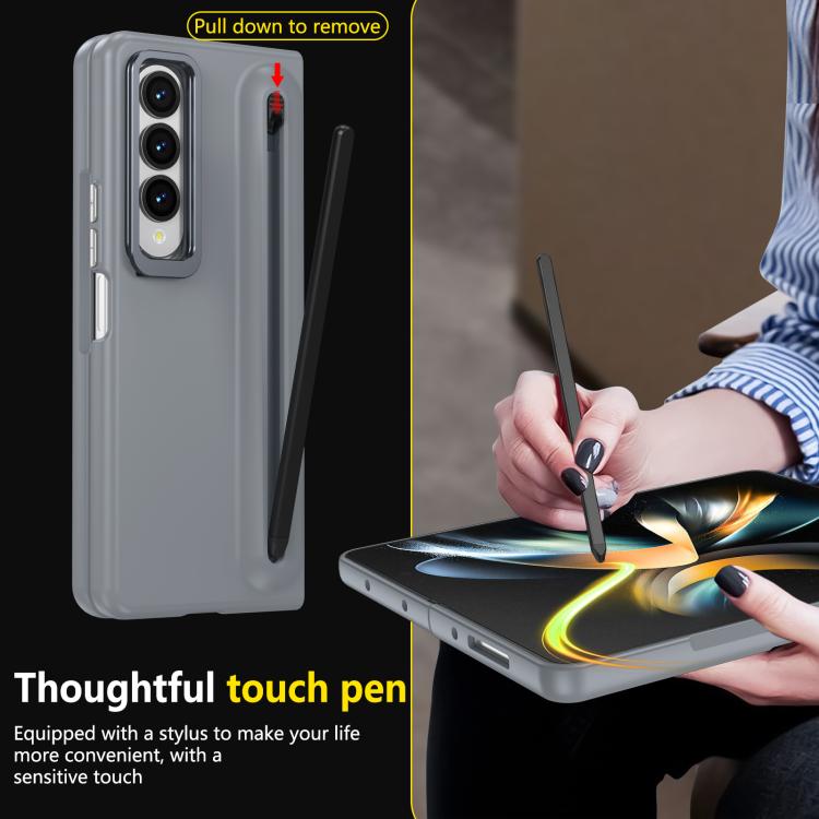 For Samsung Galaxy Z Fold4 5G Integrated Skin Feel Lens Folding Holder Pen Slot Shockproof Phone Case with Pen