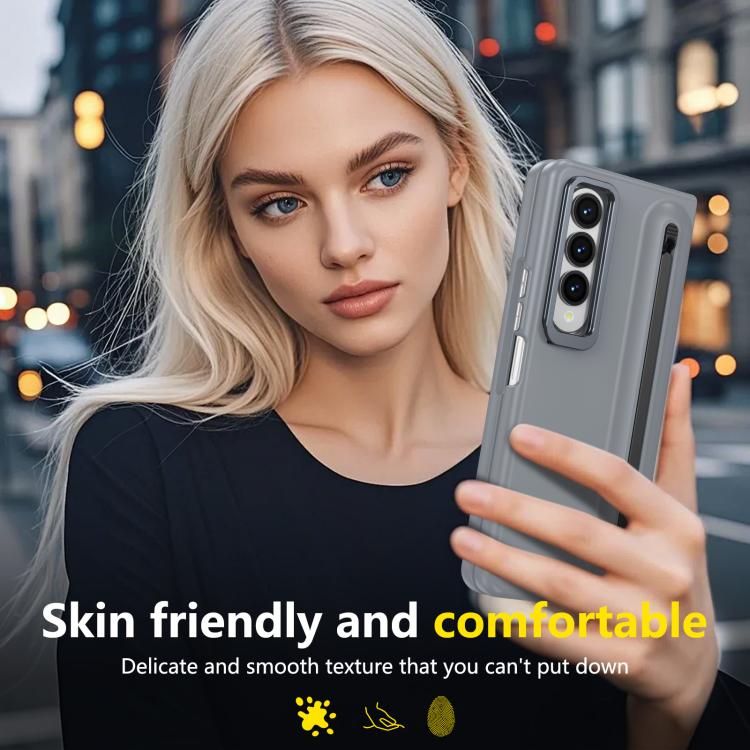 For Samsung Galaxy Z Fold4 5G Integrated Skin Feel Lens Folding Holder Pen Slot Shockproof Phone Case with Pen