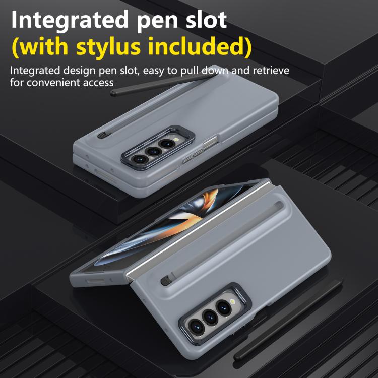 For Samsung Galaxy Z Fold4 5G Integrated Skin Feel Lens Folding Holder Pen Slot Shockproof Phone Case with Pen