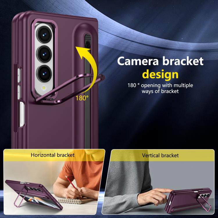 For Samsung Galaxy Z Fold4 5G Integrated Skin Feel Lens Folding Holder Pen Slot Shockproof Phone Case with Pen