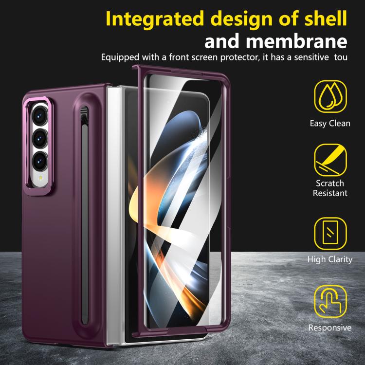 For Samsung Galaxy Z Fold4 5G Integrated Skin Feel Lens Folding Holder Pen Slot Shockproof Phone Case with Pen