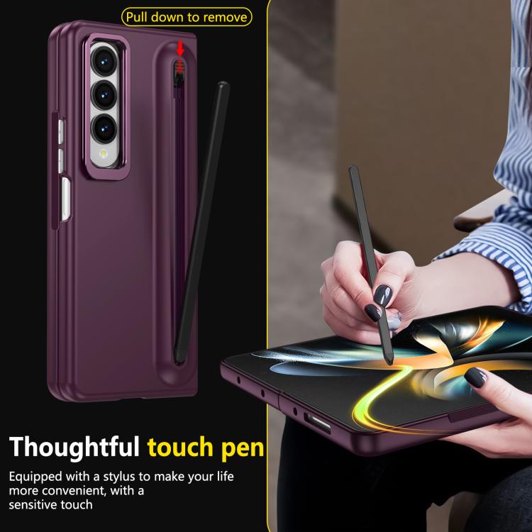 For Samsung Galaxy Z Fold4 5G Integrated Skin Feel Lens Folding Holder Pen Slot Shockproof Phone Case with Pen
