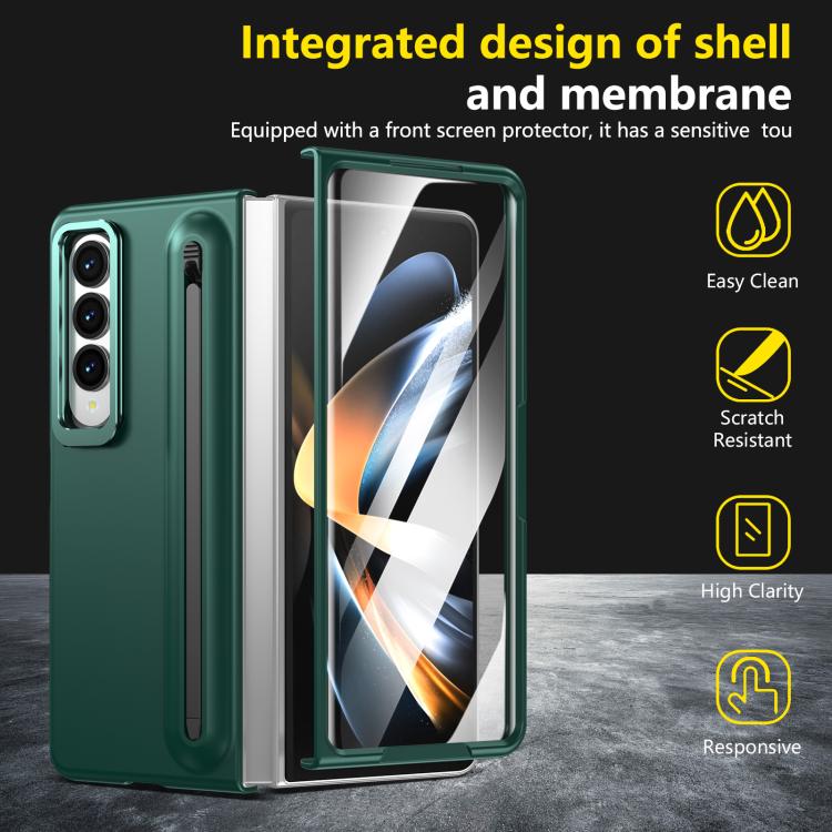For Samsung Galaxy Z Fold4 5G Integrated Skin Feel Lens Folding Holder Pen Slot Shockproof Phone Case with Pen