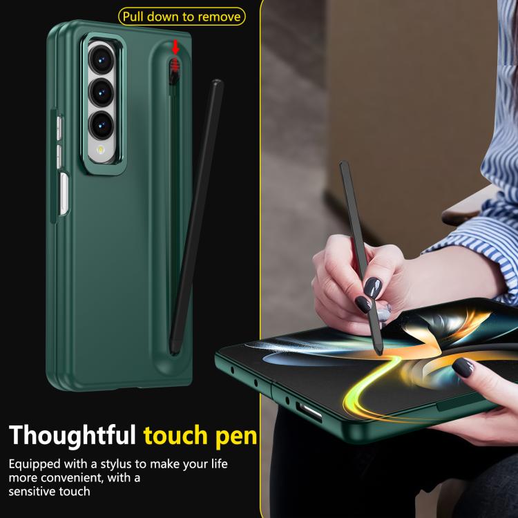 For Samsung Galaxy Z Fold4 5G Integrated Skin Feel Lens Folding Holder Pen Slot Shockproof Phone Case with Pen