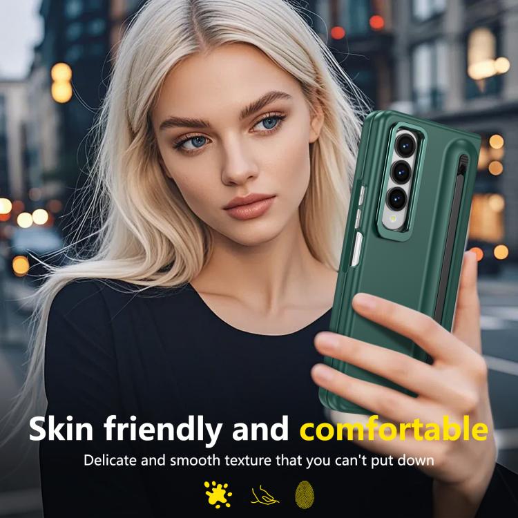 For Samsung Galaxy Z Fold4 5G Integrated Skin Feel Lens Folding Holder Pen Slot Shockproof Phone Case with Pen