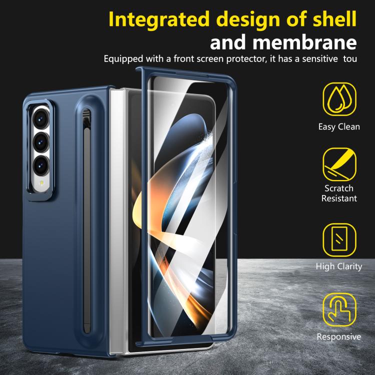 For Samsung Galaxy Z Fold4 5G Integrated Skin Feel Lens Folding Holder Pen Slot Shockproof Phone Case with Pen