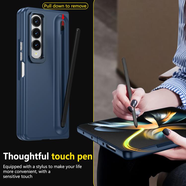 For Samsung Galaxy Z Fold4 5G Integrated Skin Feel Lens Folding Holder Pen Slot Shockproof Phone Case with Pen