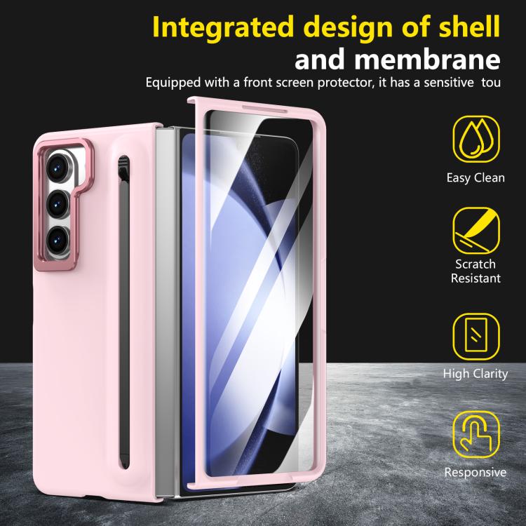 For Samsung Galaxy Z Fold5 5G Integrated Skin Feel Lens Folding Holder Pen Slot Shockproof Phone Case with Pen