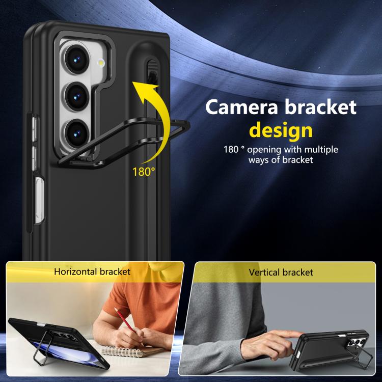 For Samsung Galaxy Z Fold5 5G Integrated Skin Feel Lens Folding Holder Pen Slot Shockproof Phone Case with Pen
