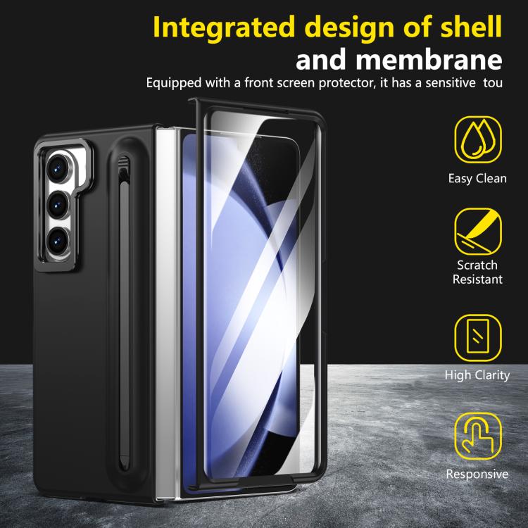 For Samsung Galaxy Z Fold5 5G Integrated Skin Feel Lens Folding Holder Pen Slot Shockproof Phone Case with Pen
