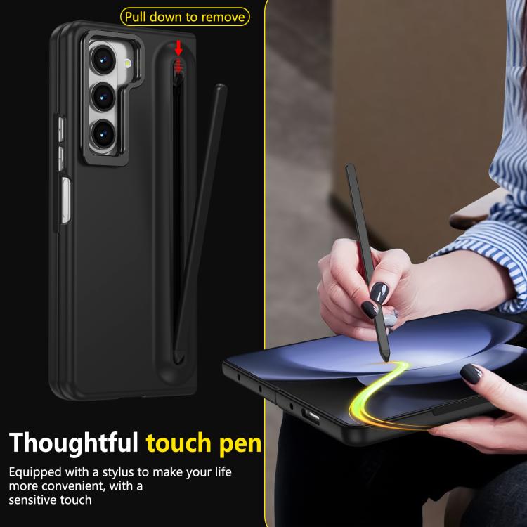 For Samsung Galaxy Z Fold5 5G Integrated Skin Feel Lens Folding Holder Pen Slot Shockproof Phone Case with Pen