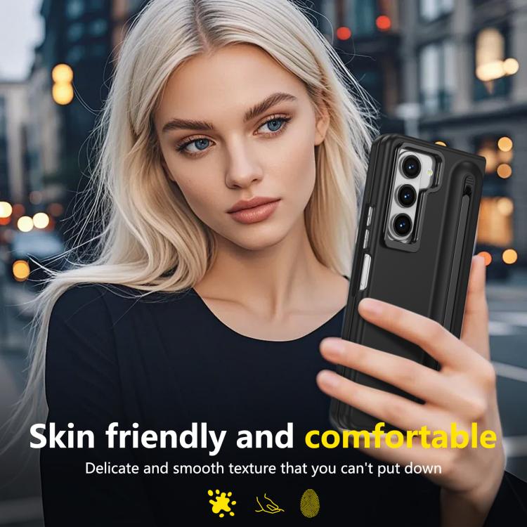 For Samsung Galaxy Z Fold5 5G Integrated Skin Feel Lens Folding Holder Pen Slot Shockproof Phone Case with Pen