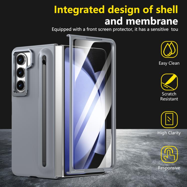 For Samsung Galaxy Z Fold5 5G Integrated Skin Feel Lens Folding Holder Pen Slot Shockproof Phone Case with Pen