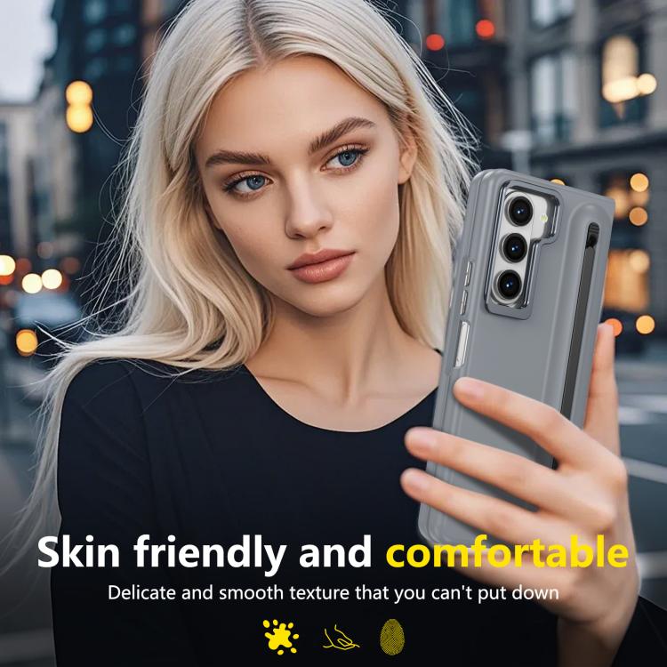 For Samsung Galaxy Z Fold5 5G Integrated Skin Feel Lens Folding Holder Pen Slot Shockproof Phone Case with Pen