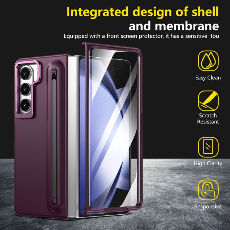 For Samsung Galaxy Z Fold5 5G Integrated Skin Feel Lens Folding Holder Pen Slot Shockproof Phone Case with Pen