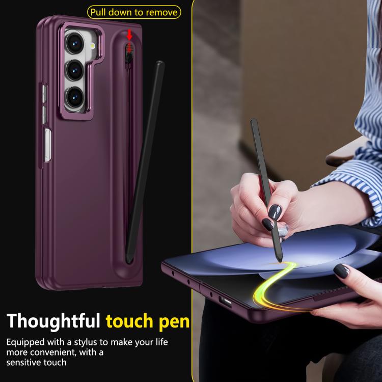 For Samsung Galaxy Z Fold5 5G Integrated Skin Feel Lens Folding Holder Pen Slot Shockproof Phone Case with Pen
