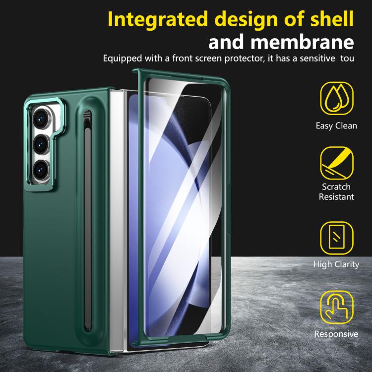 For Samsung Galaxy Z Fold5 5G Integrated Skin Feel Lens Folding Holder Pen Slot Shockproof Phone Case with Pen