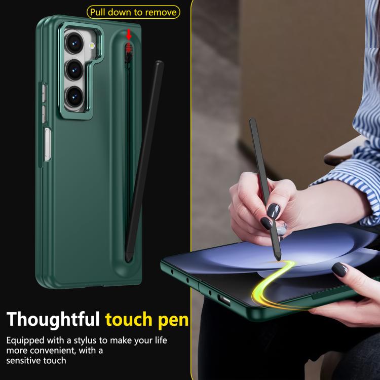 For Samsung Galaxy Z Fold5 5G Integrated Skin Feel Lens Folding Holder Pen Slot Shockproof Phone Case with Pen