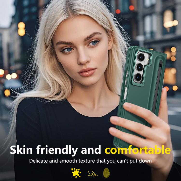 For Samsung Galaxy Z Fold5 5G Integrated Skin Feel Lens Folding Holder Pen Slot Shockproof Phone Case with Pen