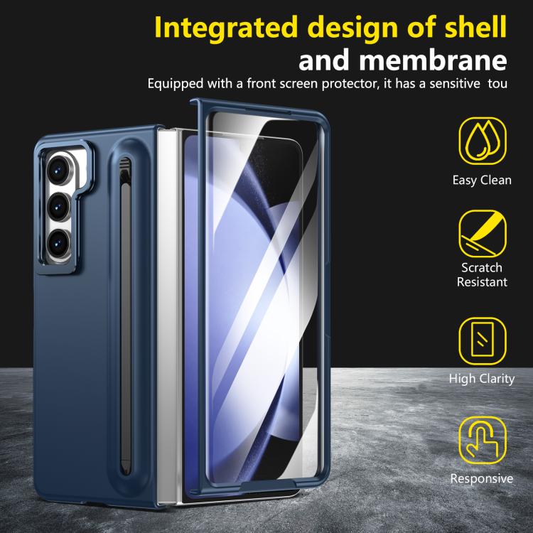 For Samsung Galaxy Z Fold5 5G Integrated Skin Feel Lens Folding Holder Pen Slot Shockproof Phone Case with Pen