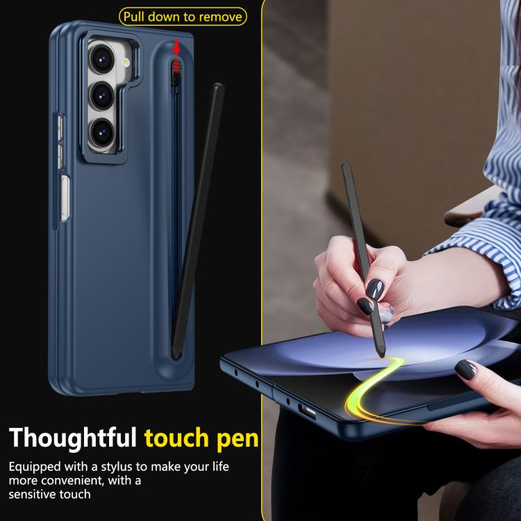 For Samsung Galaxy Z Fold5 5G Integrated Skin Feel Lens Folding Holder Pen Slot Shockproof Phone Case with Pen