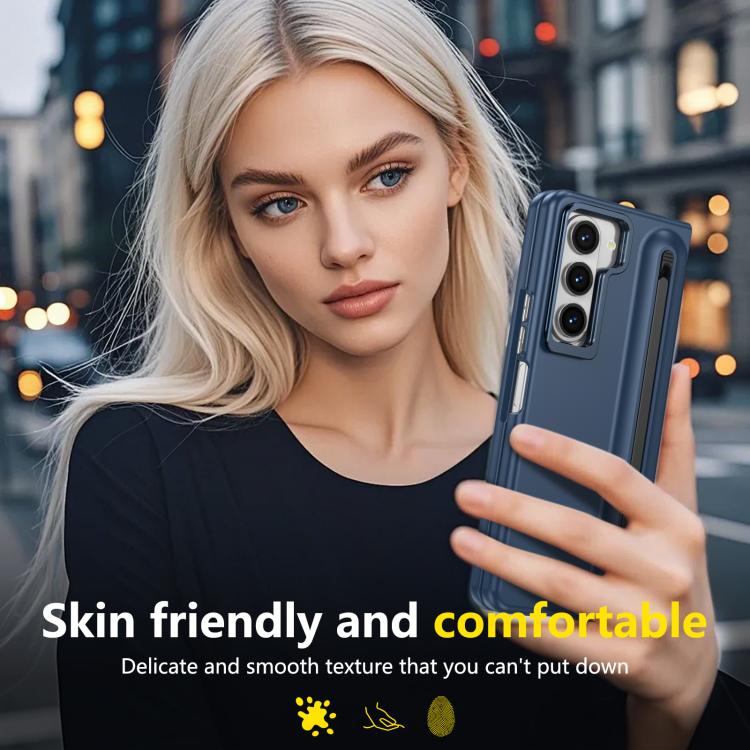 For Samsung Galaxy Z Fold5 5G Integrated Skin Feel Lens Folding Holder Pen Slot Shockproof Phone Case with Pen