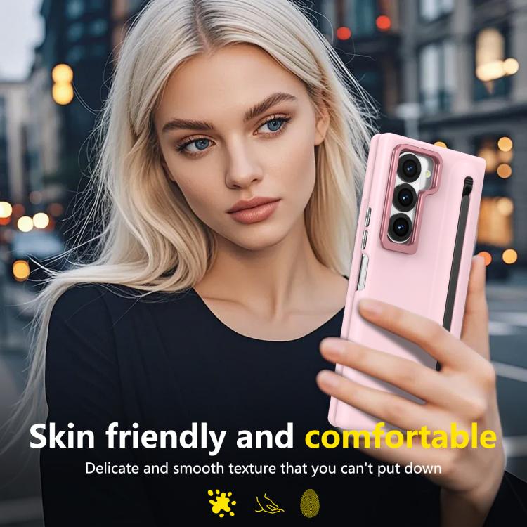 For Samsung Galaxy Z Fold6 5G Integrated Skin Feel Lens Folding Holder Pen Slot Shockproof Phone Case with Pen