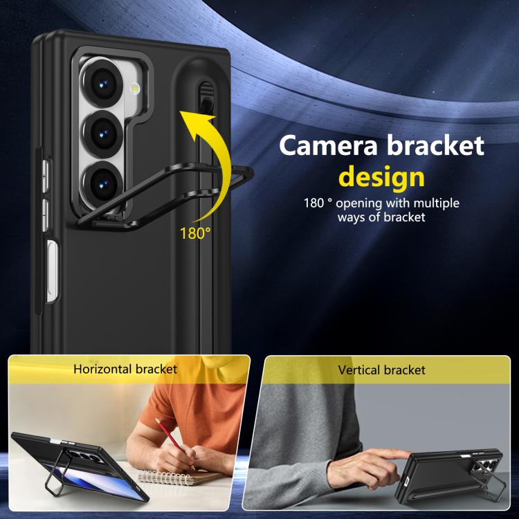 For Samsung Galaxy Z Fold6 5G Integrated Skin Feel Lens Folding Holder Pen Slot Shockproof Phone Case with Pen