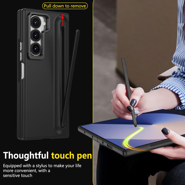 For Samsung Galaxy Z Fold6 5G Integrated Skin Feel Lens Folding Holder Pen Slot Shockproof Phone Case with Pen