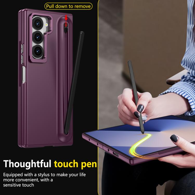 For Samsung Galaxy Z Fold6 5G Integrated Skin Feel Lens Folding Holder Pen Slot Shockproof Phone Case with Pen