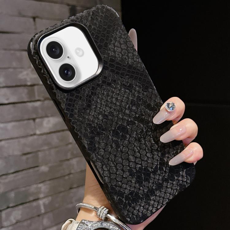 For iPhone 16 Plain Leather Snake Texture PC MagSafe Phone Case