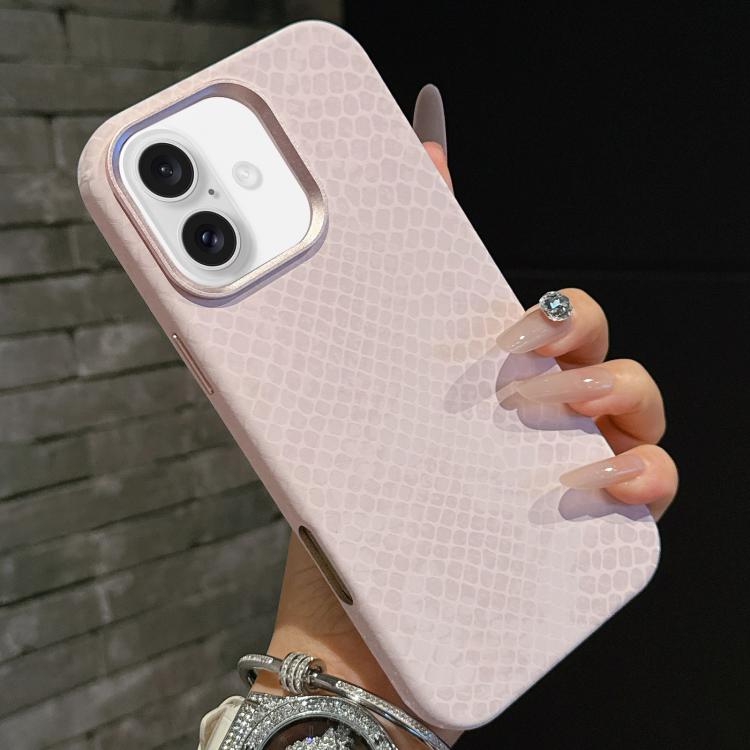 For iPhone 16 Plus Plain Leather Snake Texture PC MagSafe Phone Case