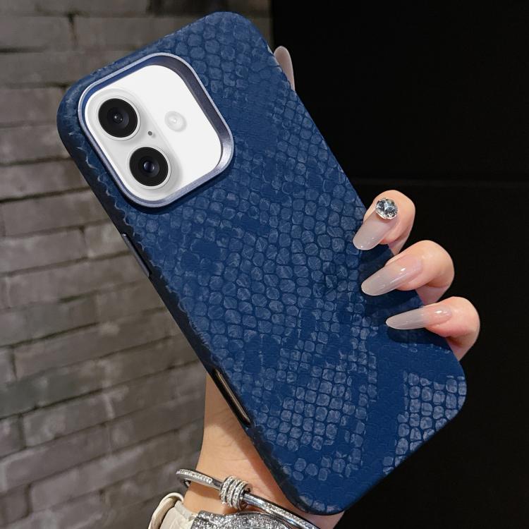 For iPhone 16 Plus Plain Leather Snake Texture PC MagSafe Phone Case
